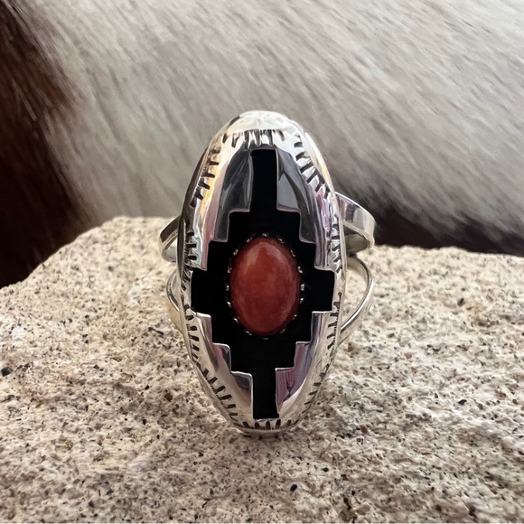 Native American Jewelry - ❤️ Signed Native Felix Perry Red Spiny Shadow Box Ring Navajo Unisex Size 5.75